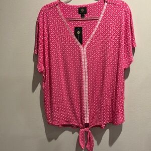 JM Collection Pink and White Short Sleeve Tie Front Blouse